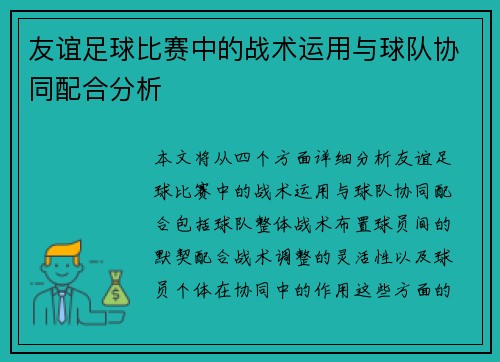 友谊足球比赛中的战术运用与球队协同配合分析